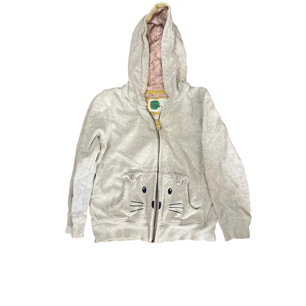 Boden Kids Grey Marl Cat Face Zip Up Hoodie Pink Cat Print Lining Size 8-9Y